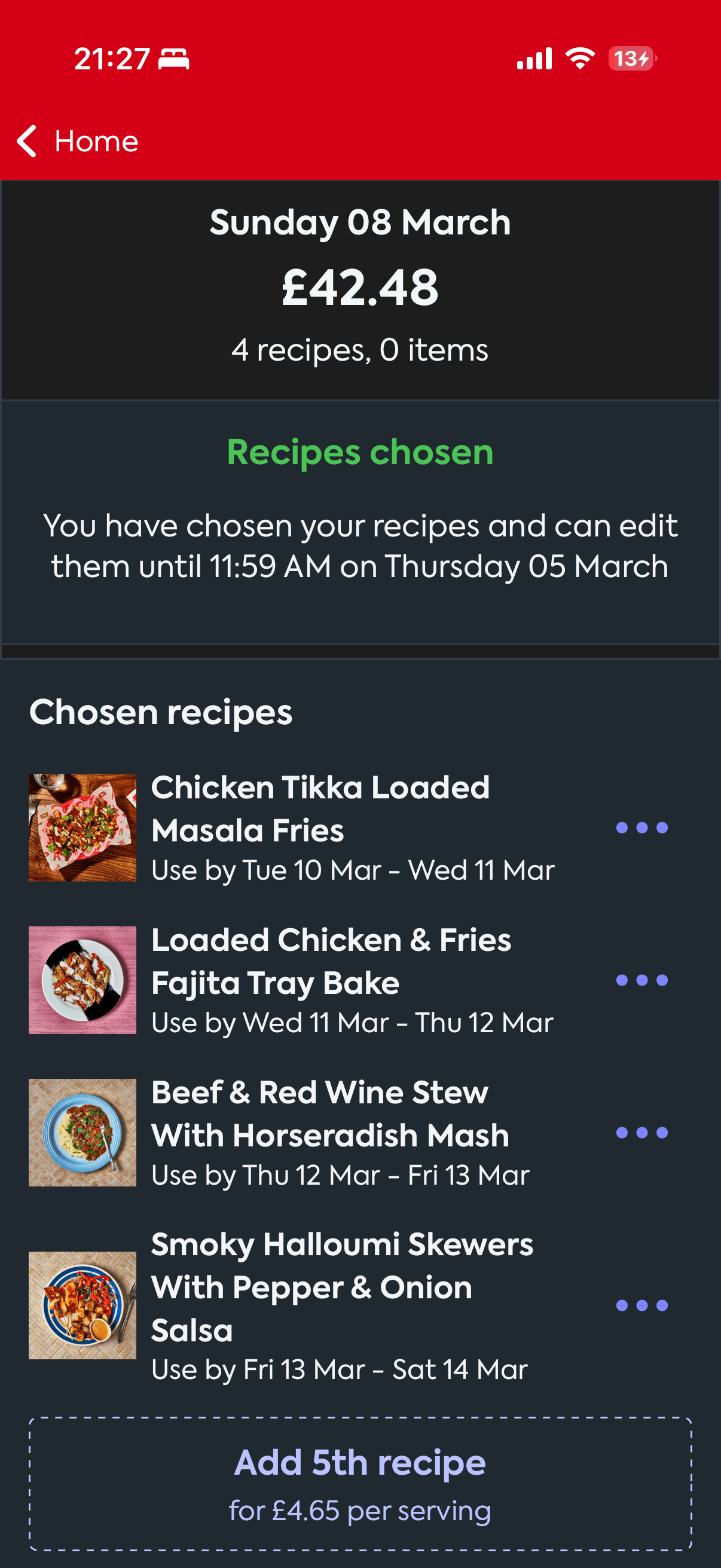 Gousto box showing 4 recipes for £42.48