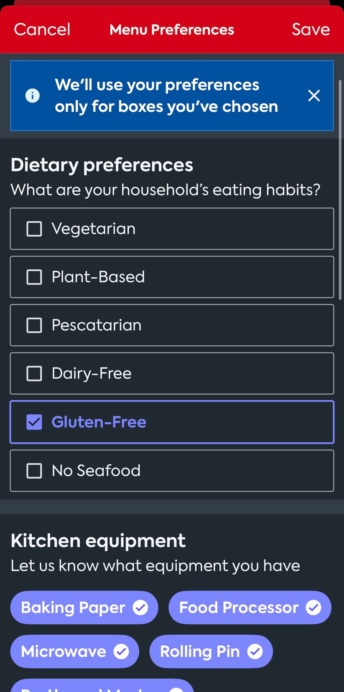 Menu preferences screen with the gluten-free dietary filter switched on